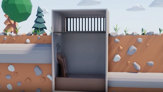 Stillbillede af overløbsbygværk fra animationsfilm om udledninger her på siden